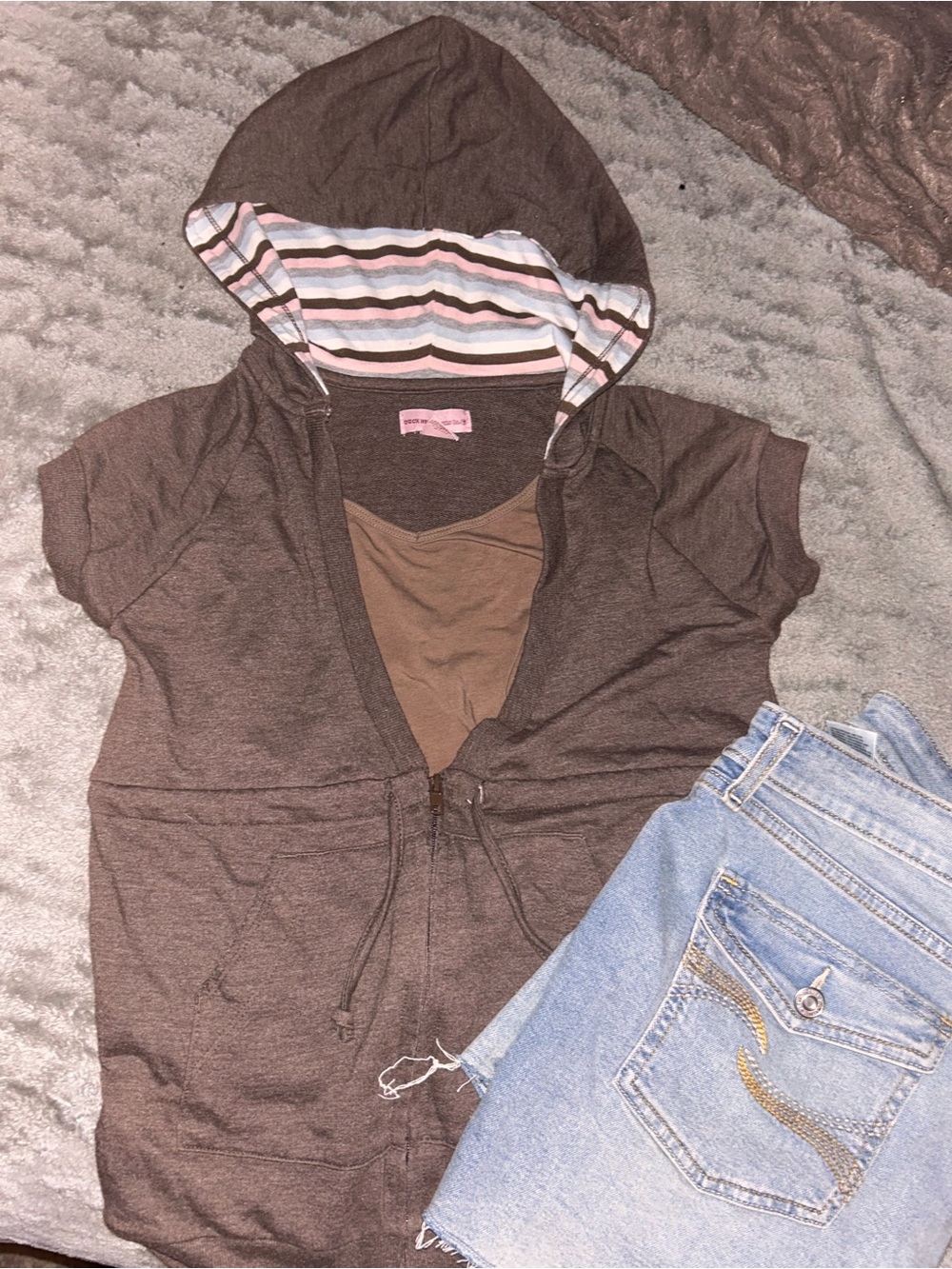 Y2k Duck Head Brown Short-Sleeve Hooded Vest with Striped Lining